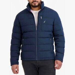 Nautica Men Navy Blue Puffer Jacket Quilted Full Zip Coat Chest Pocket Insulated